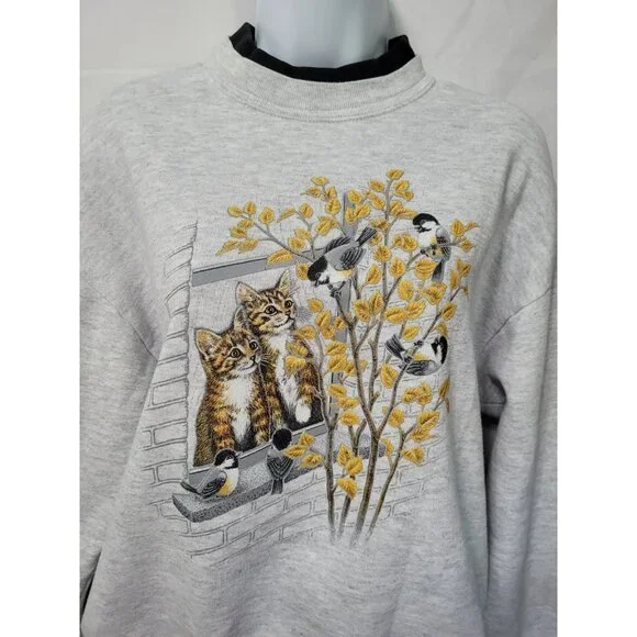 Vtg 90s Kitty Cat Double Crewneck Sweatshirt Medium Grandma Core Cats Birds USA - Picture 2 of 15